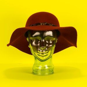 SOLD Wool Wide Brim Burgundy Hat w/ Feather Band